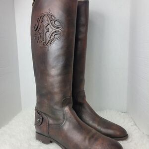 Frye Lindsay Womens Boots Size 8.5 Logo Embroidered Brown Riding Back Side Zip